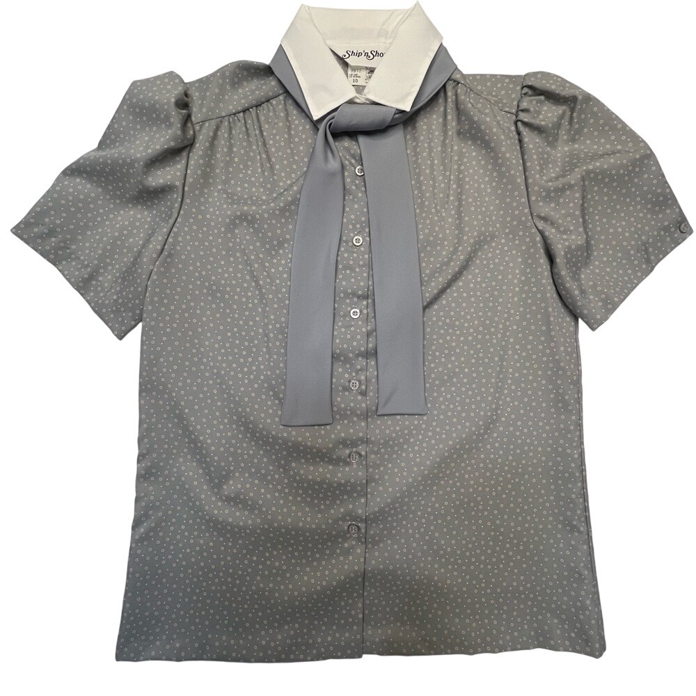 Vintage Ship 'n Shore 60s Blouse Gray Polka Dot Puff Sleeves Neck Tie Size 10